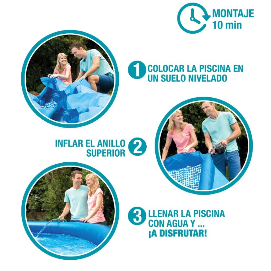 ¡Elige la piscina hinchable perfecta! Intex Easy Set ofrece variedad de tamaños para adaptarse a tu espacio. ¡Diversión para toda la familia!