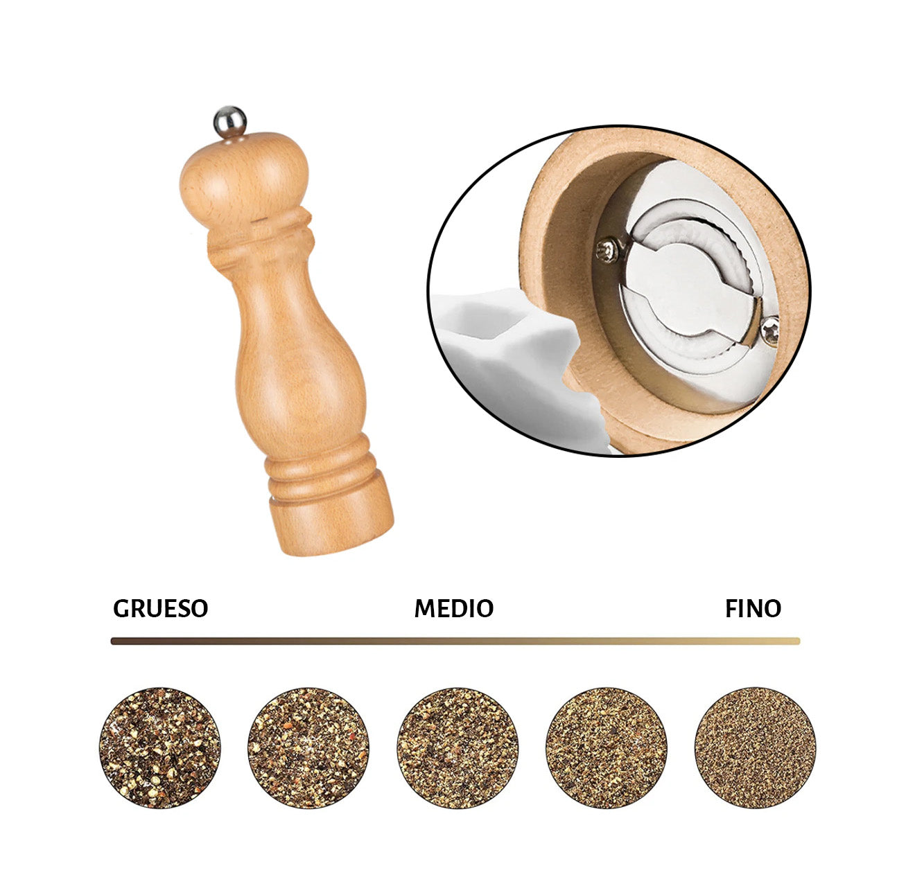 Molinillo de madera para sal y pimienta, condimentos, especias, con cuchilla de acero inoxidable, con ajuste de grosor
