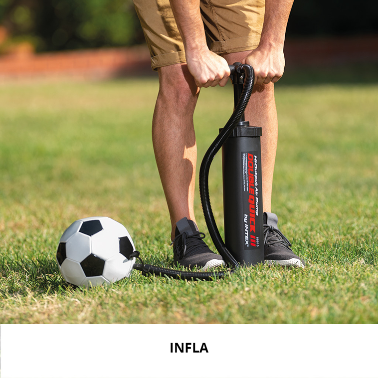 ¡Infla sin esfuerzo! Bomba manual Intex Double Quick III para camping y hogar. Alta potencia y base estable. ¡Inflado rápido y cómodo!