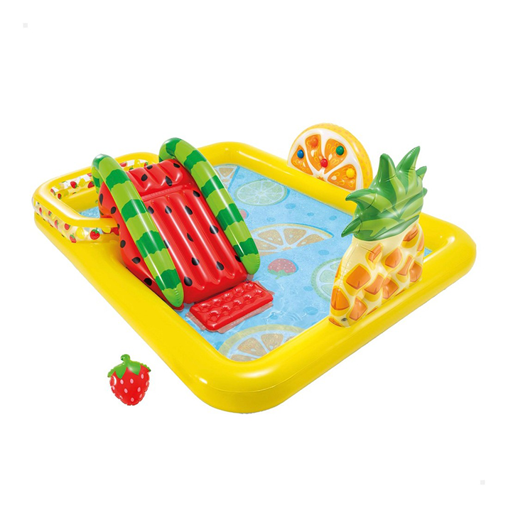 ¡Refrescante aventura frutal! Centro de juegos hinchable con tobogán y piscina. ¡Ideal para niños!