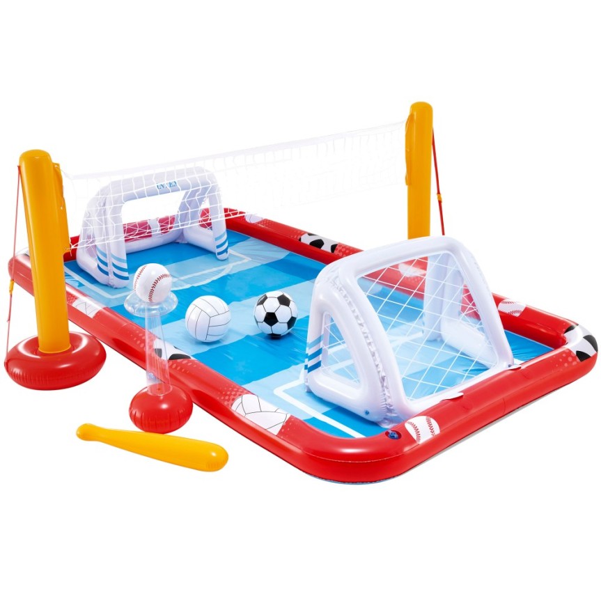 ¡Diversión acuática asegurada! El centro de juegos hinchable Intex es perfecto para niños. Incluye accesorios para fútbol, voleibol y más. ¡Ideal para el verano!
