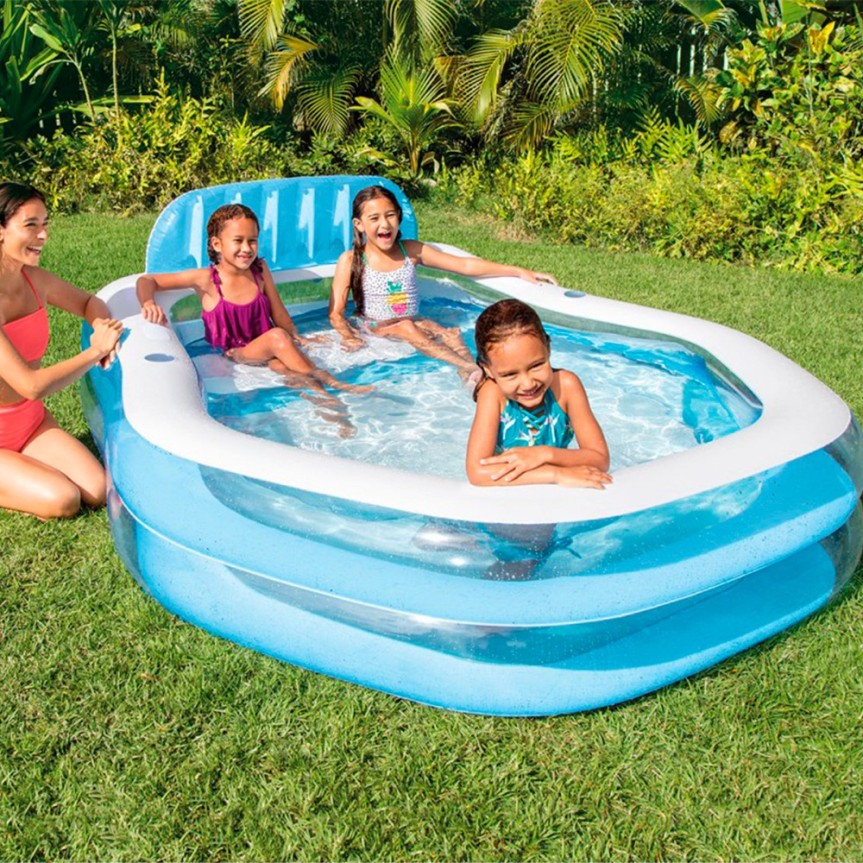 ¡Verano divertido y seguro! Piscina inflable con toldo, sillón y portabebidas. Diseño atractivo y colores vibrantes para los niños