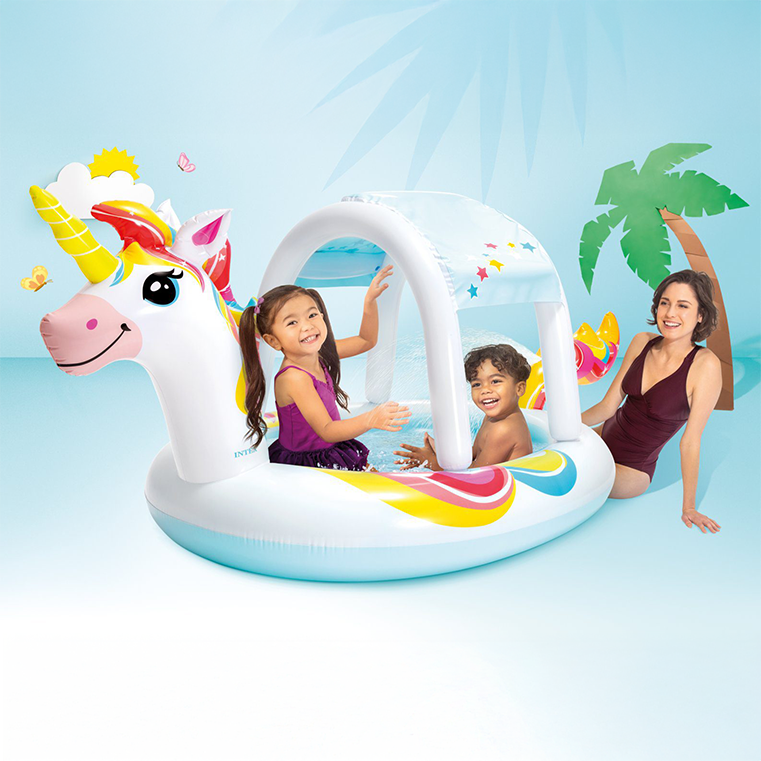 ¡Piscina unicornio con rociador y toldo! Centro de juegos inflable Intex para un verano fresquito y divertido para los niños.