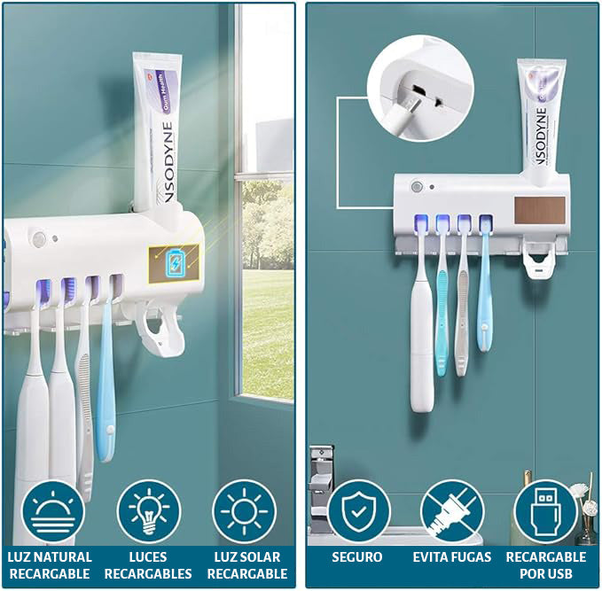 Esterilizador de Cepillos de Dientes UV con Dispensador de Pasta dental y soporte para cepillos