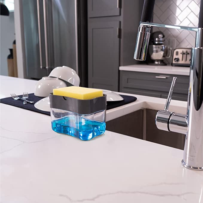 Dispensador de jabón 2 en 1 para platos + soporte para esponja, capacidad 384 ml