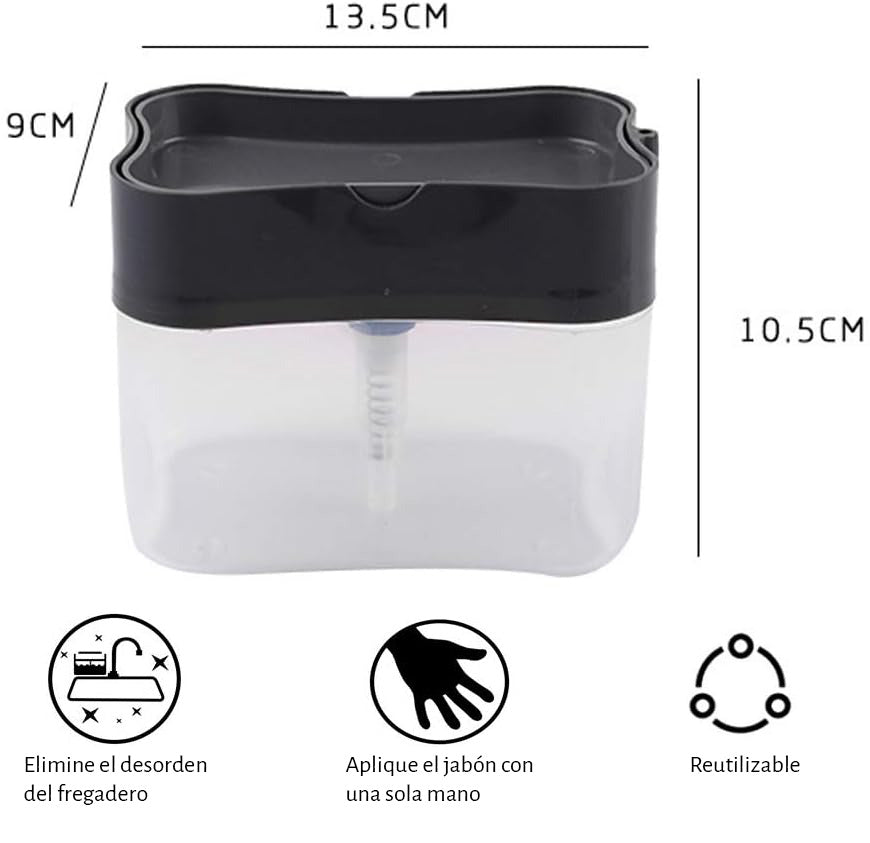 Dispensador de jabón 2 en 1 para platos + soporte para esponja, capacidad 384 ml