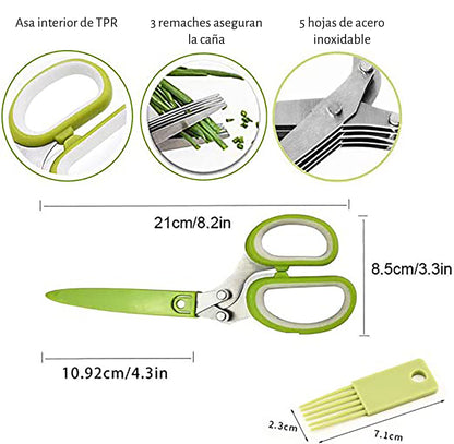 Tijera multiusos de cocina para cortar hierbas y verduras, con 5 hojas de acero inoxidable