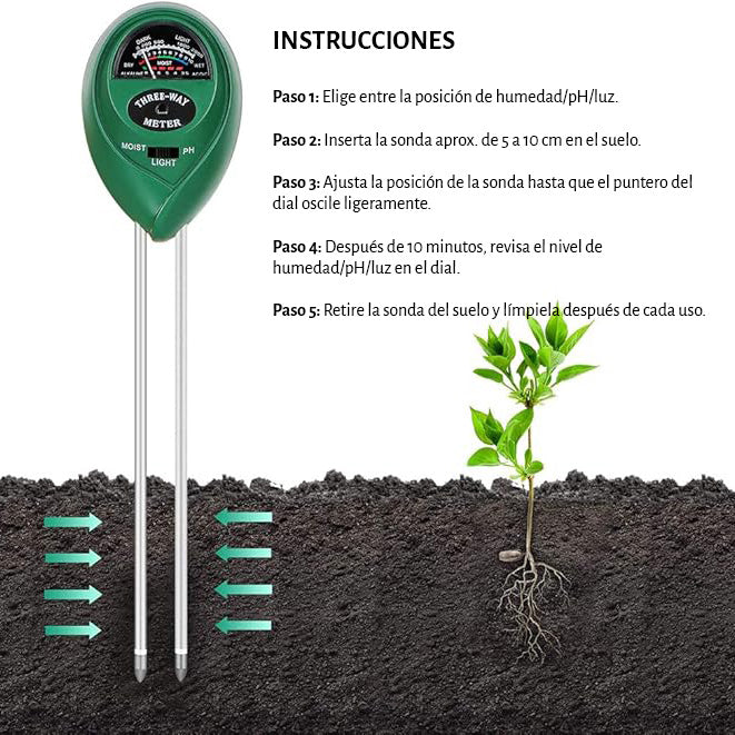 Medidor de pH de Suelo 3 en 1 - Humedad, pH y Luz Solar para Plantas