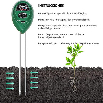 Medidor de pH de Suelo 3 en 1 - Humedad, pH y Luz Solar para Plantas