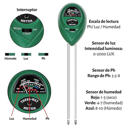 Medidor de pH de Suelo 3 en 1 - Humedad, pH y Luz Solar para Plantas