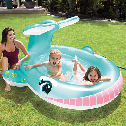 ¡Piscina ballena con sombra y rociador! Intex Whale Spray, diversión refrescante y un respiro del sol para los niños.