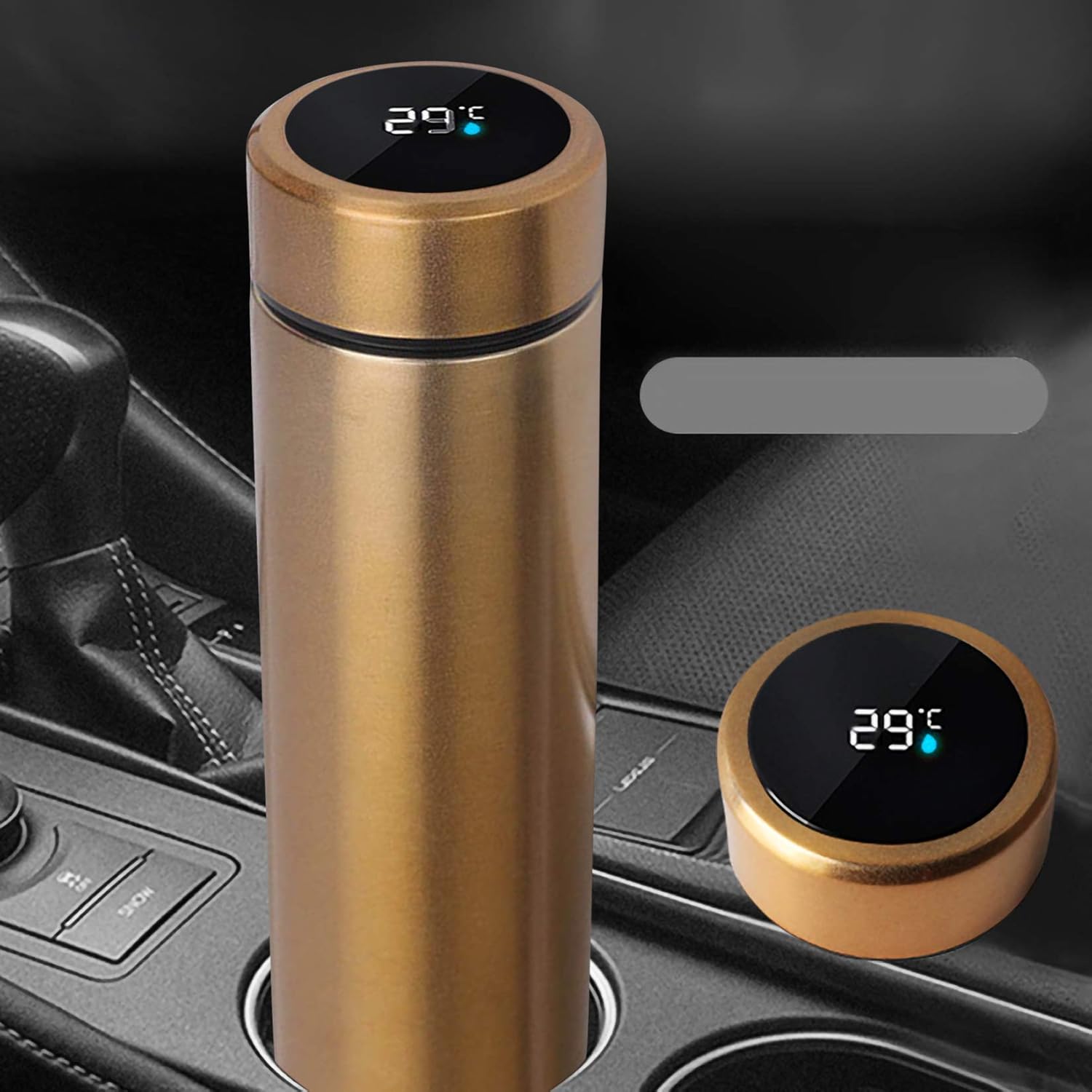 Termo inteligente dorado con pantalla LED que muestra la temperatura en tiempo real. Fabricado en acero inoxidable de alta calidad, mantiene bebidas frías o calientes por más de 12 horas. Diseño elegante y resistente, perfecto para llevar en el coche, ideal para café, té e infusiones. Libre de BPA y portátil.